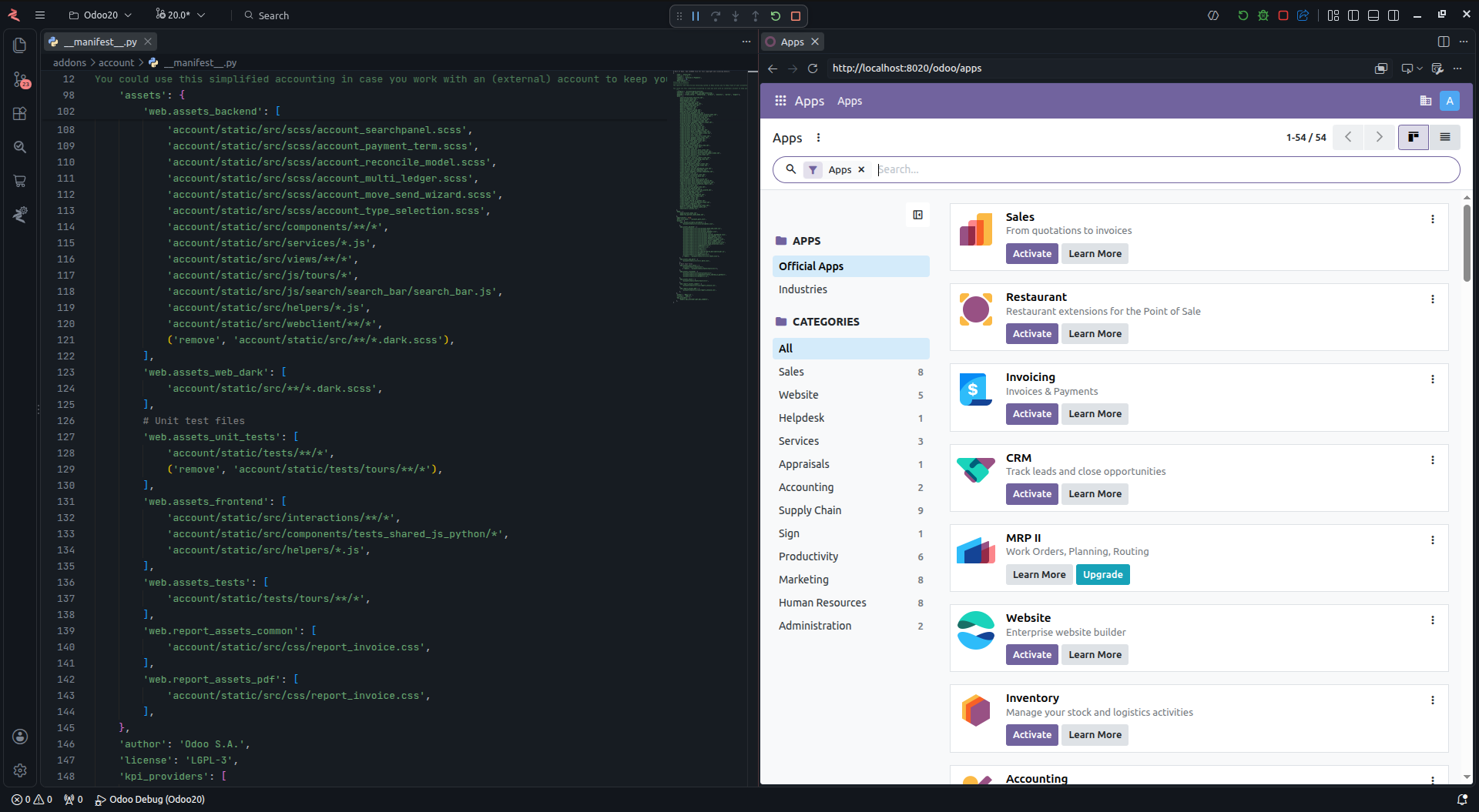 Odoo opened in the built-in browser next to the code