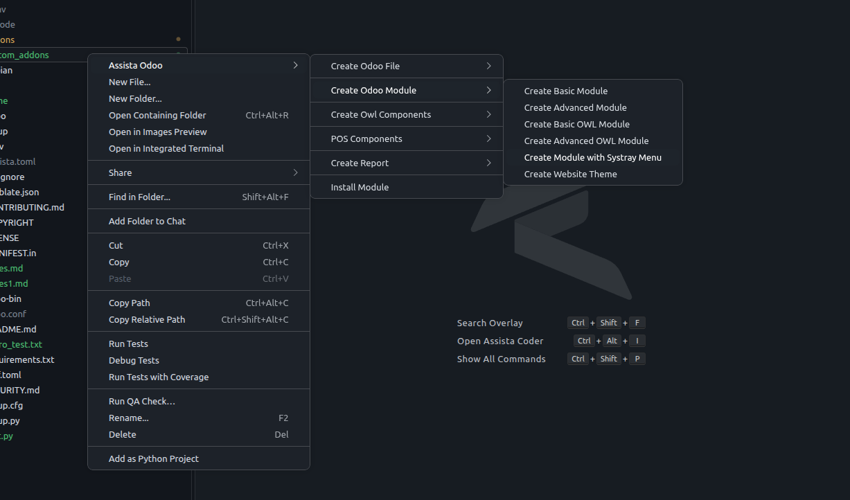 Explorer right-click menu showing Assista Odoo with the Create Odoo File and Create Odoo Module submenus