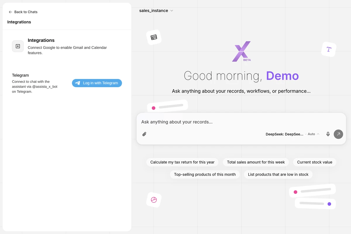 The Assista X floating chat with the Telegram integration