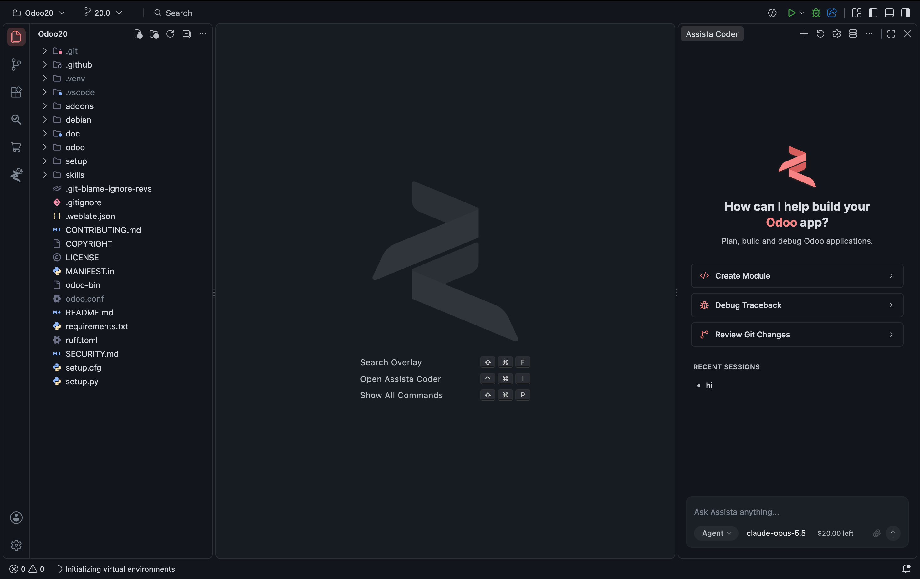 Assista IDE with an Odoo project open, the file Explorer on the left and the Assista Coder panel on the right