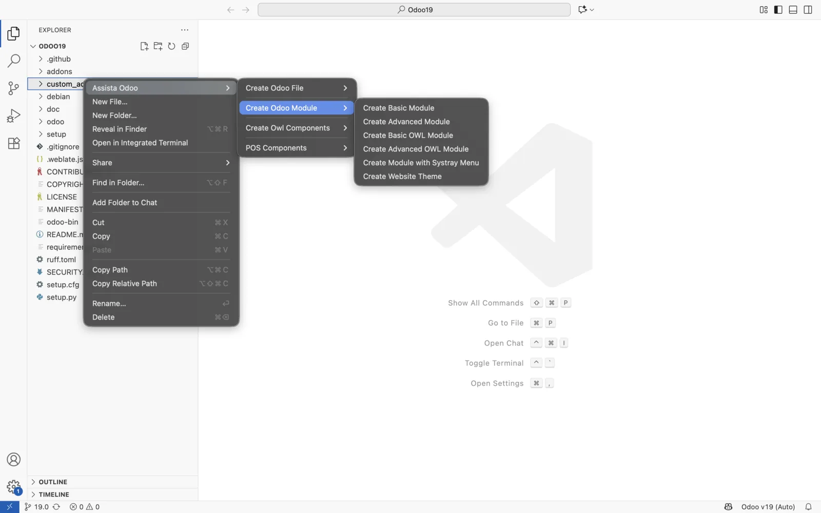 Explorer right-click menu showing Assista Odoo, Create Odoo Module and the module template entries