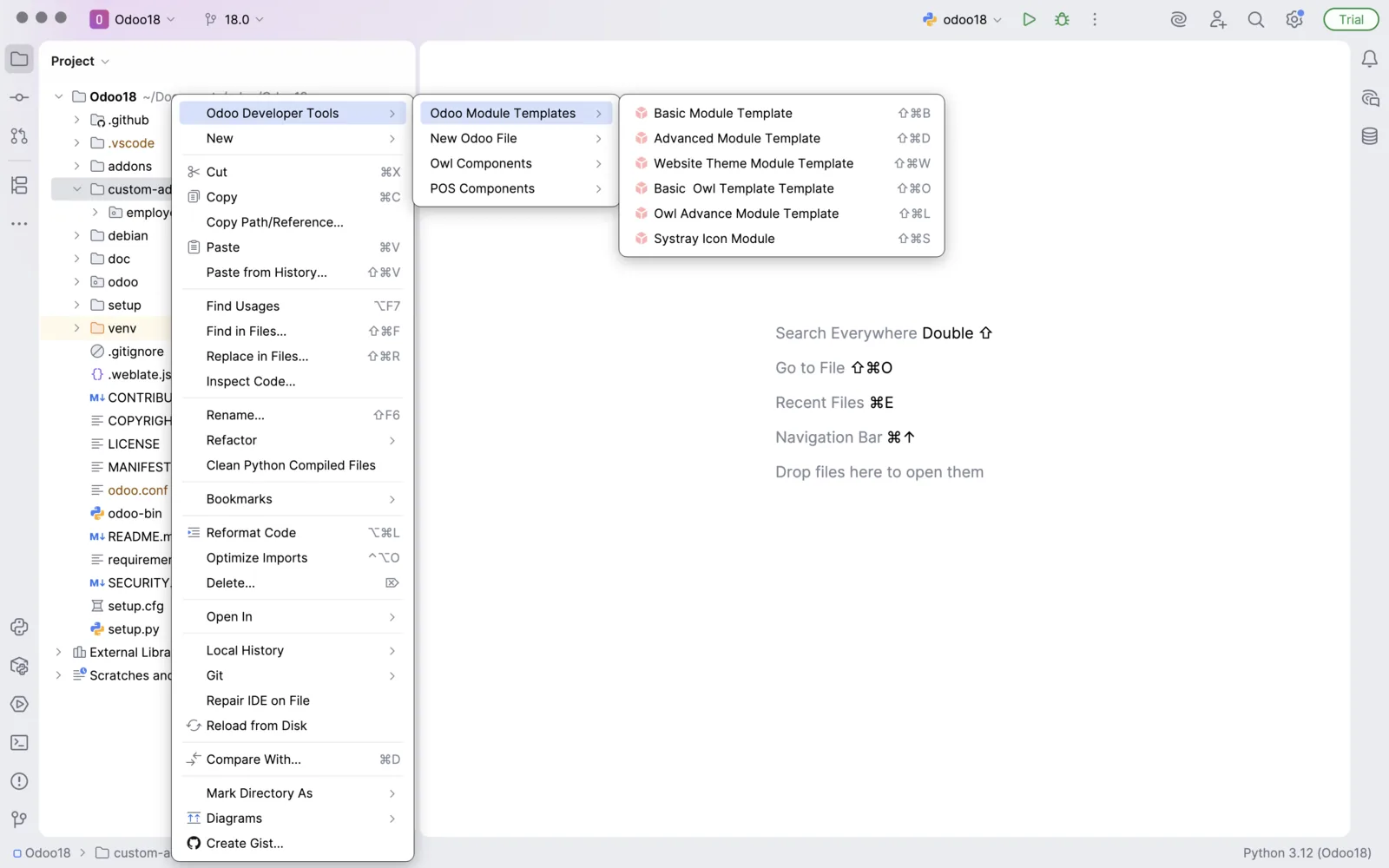 PyCharm context menu with Odoo Developer Tools and the Odoo module template entries