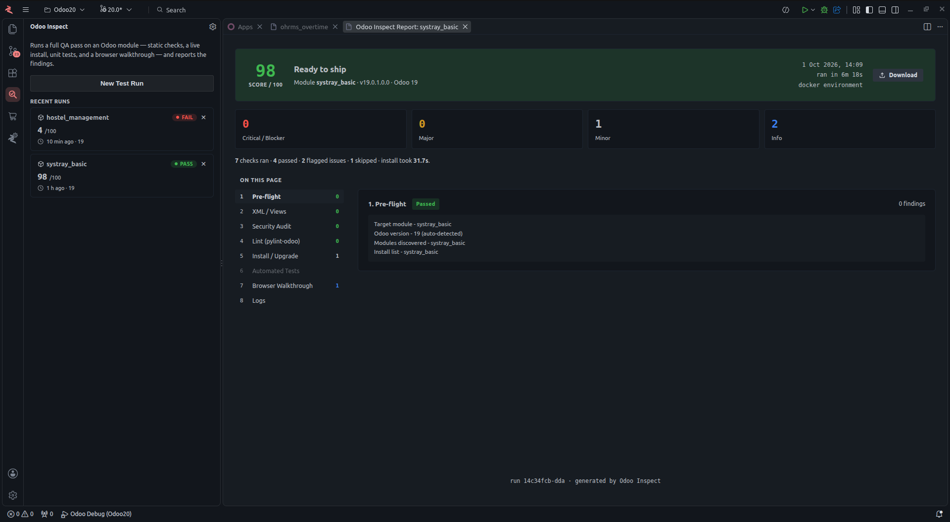 Odoo Inspect showing a finished QA report with a score and the findings list