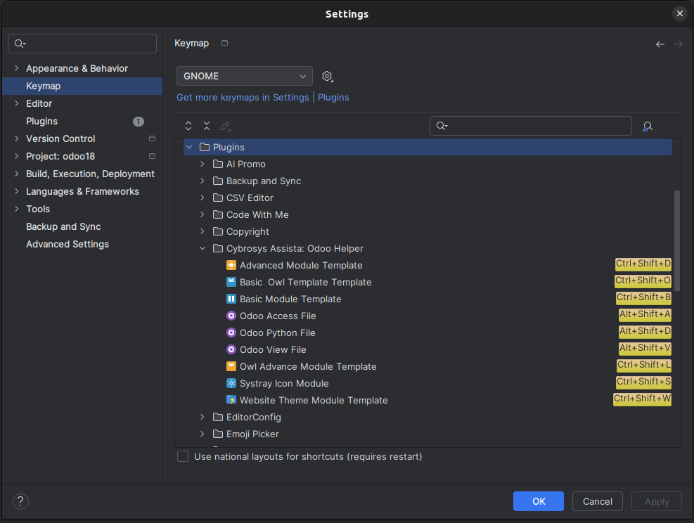 Odoo Helper module template actions and their shortcuts in the PyCharm Keymap settings