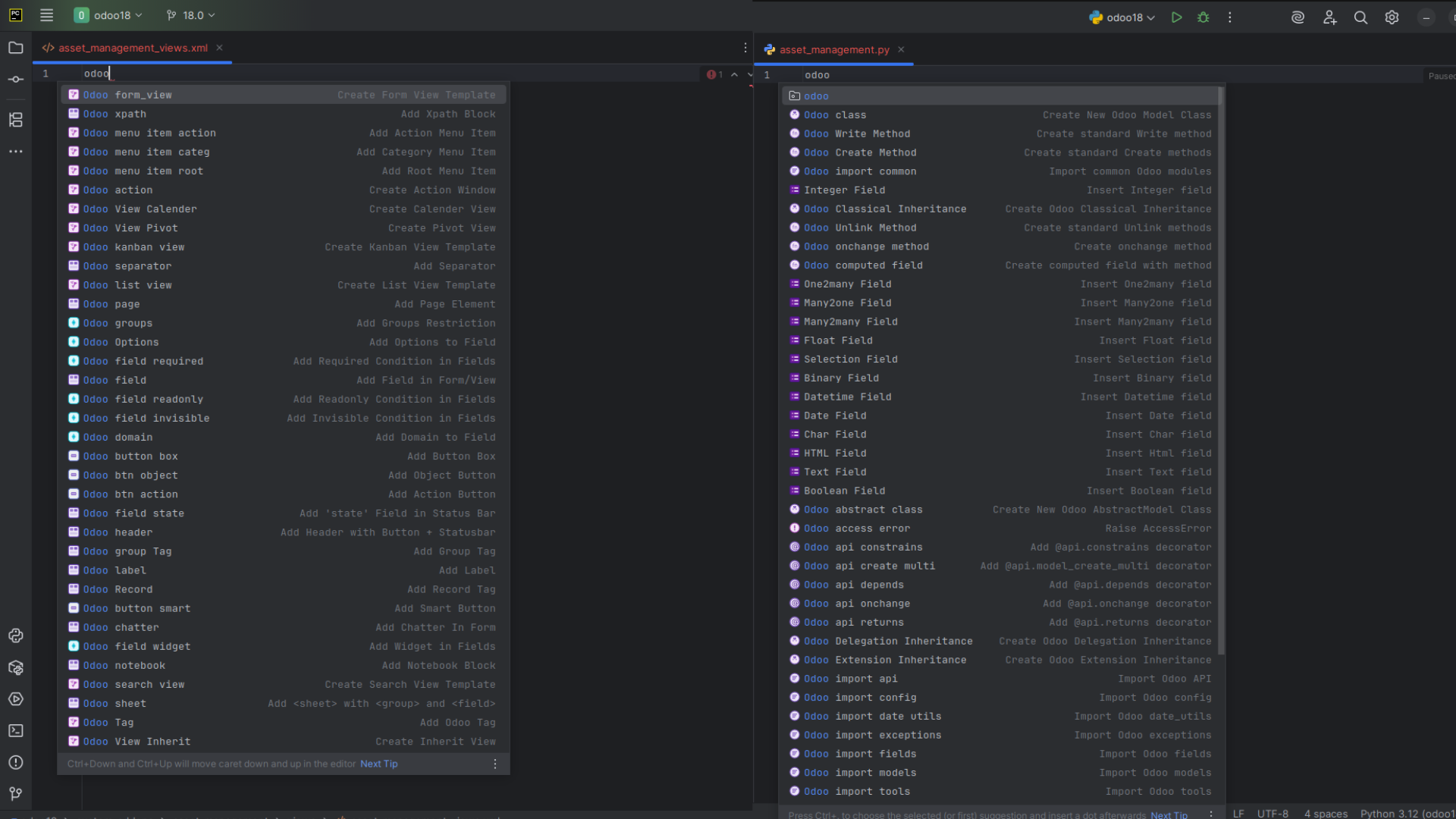 Odoo snippet suggestions in a PyCharm XML file and a Python file, each with a description