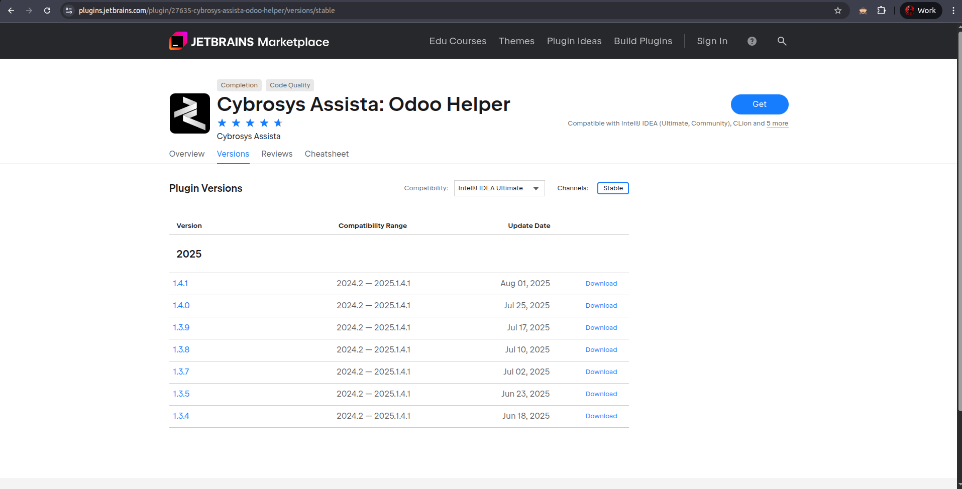 The Versions tab of the plugin page on the JetBrains Marketplace