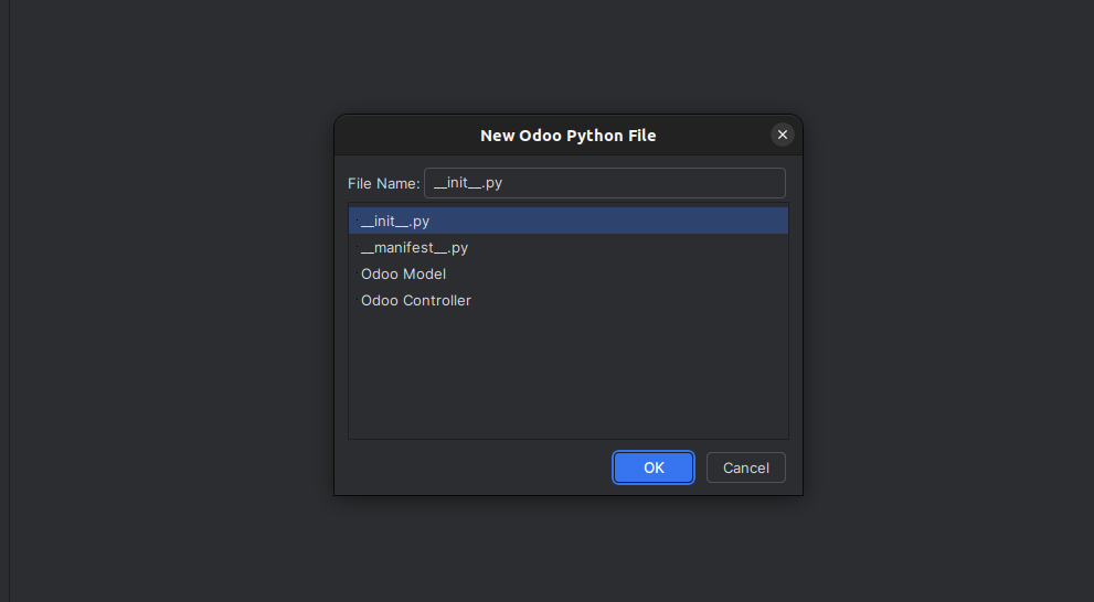 New Odoo Python File dialog with the __init__.py, __manifest__.py, Odoo Model and Odoo Controller templates