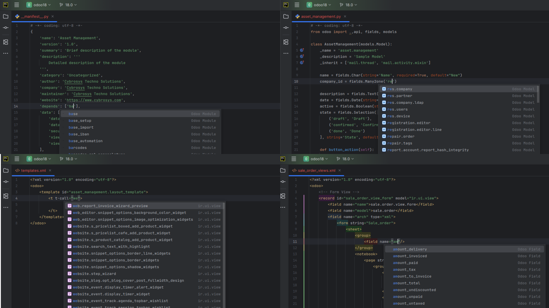 Completion popups in PyCharm: module names in the manifest depends list, model names in a Many2one field, template names in t-call and field names in a view