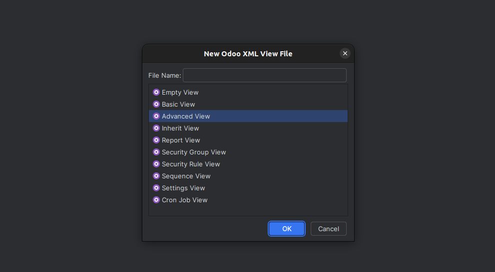 New Odoo XML View File dialog listing the XML templates from Empty View to Cron Job View