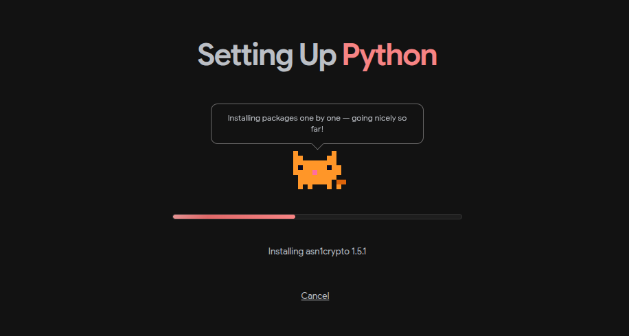 The setup assistant installing Python packages into the new virtual environment