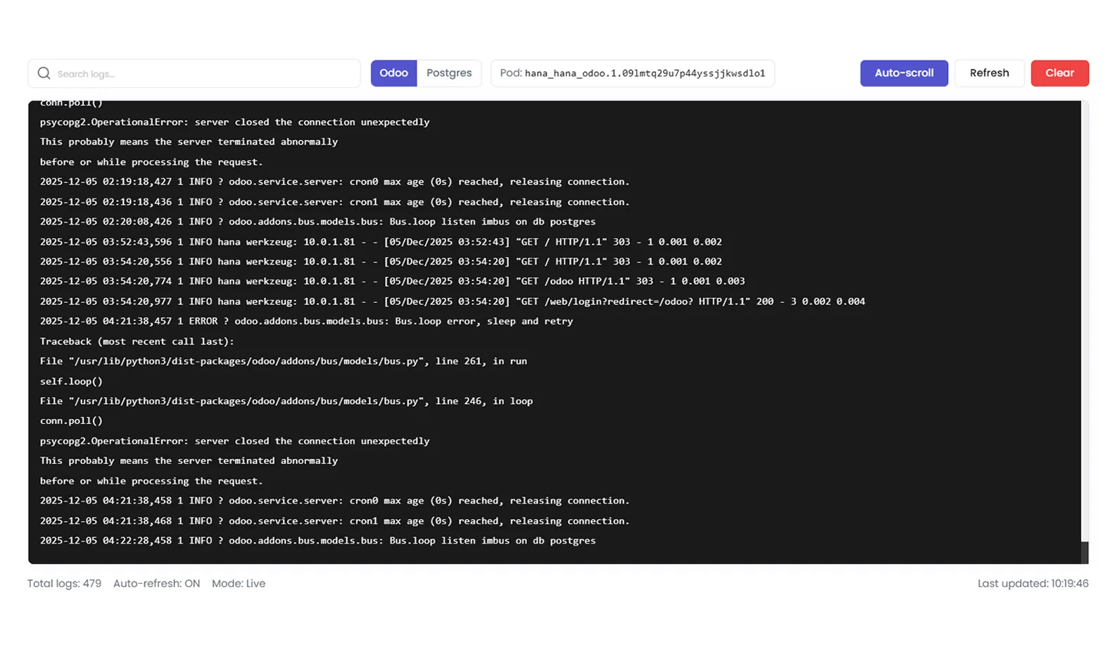 System logs for an EasyInstance instance