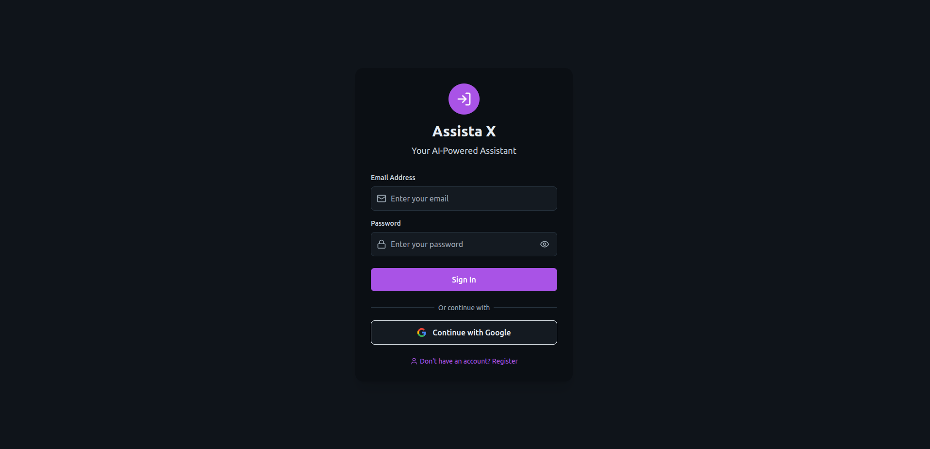 Assista X Chat login page for creating a new conversational workspace