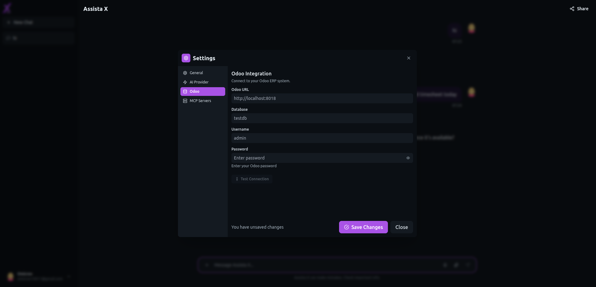 Connect Odoo server by entering URL, database name, and credentials in Assista X Chat