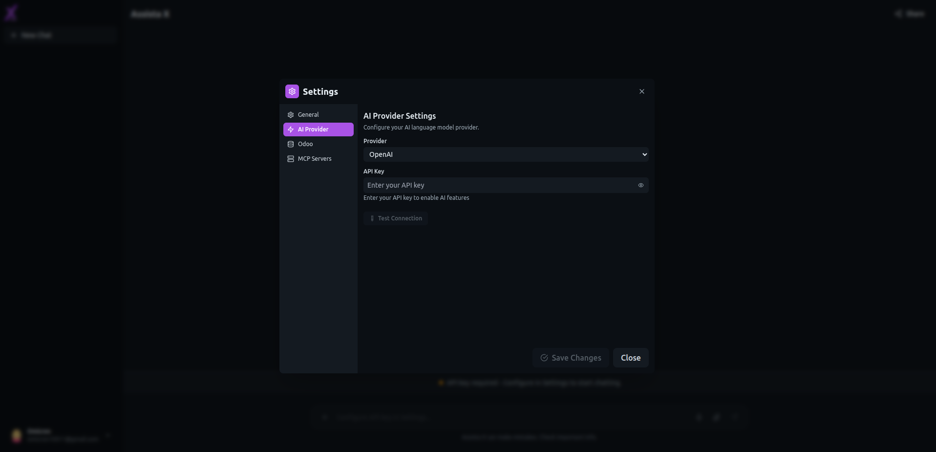 Configure AI provider and enter API key in the Assista X Chat settings tab