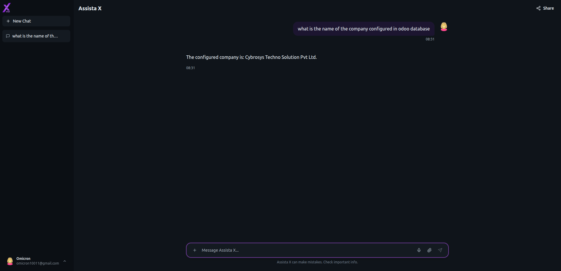 Assista X Chat delivers a real-time response to an Odoo business query in the chat interface