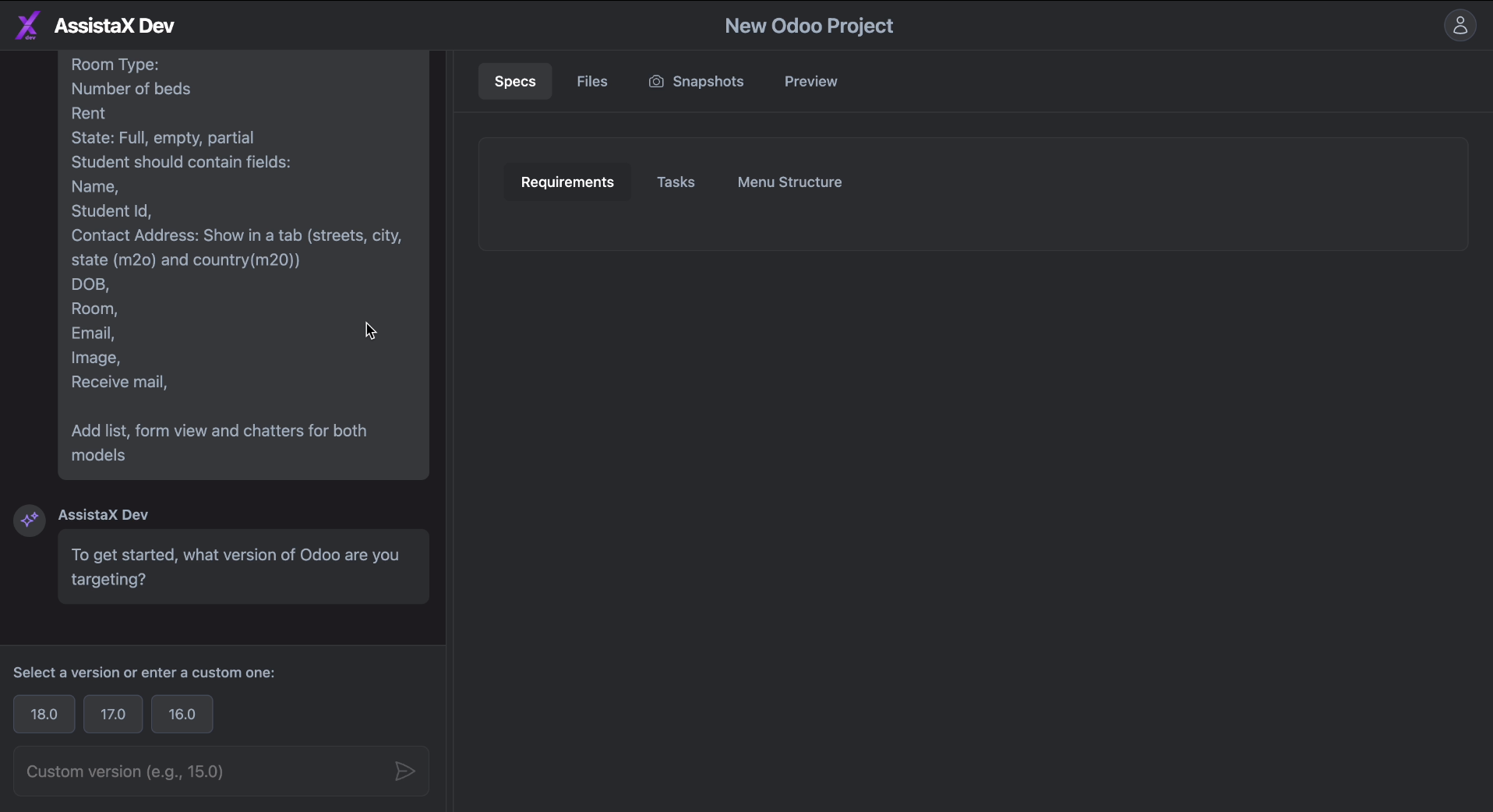 Assista X Chat user interface showing a natural-language query and analysis dashboard for Odoo business data