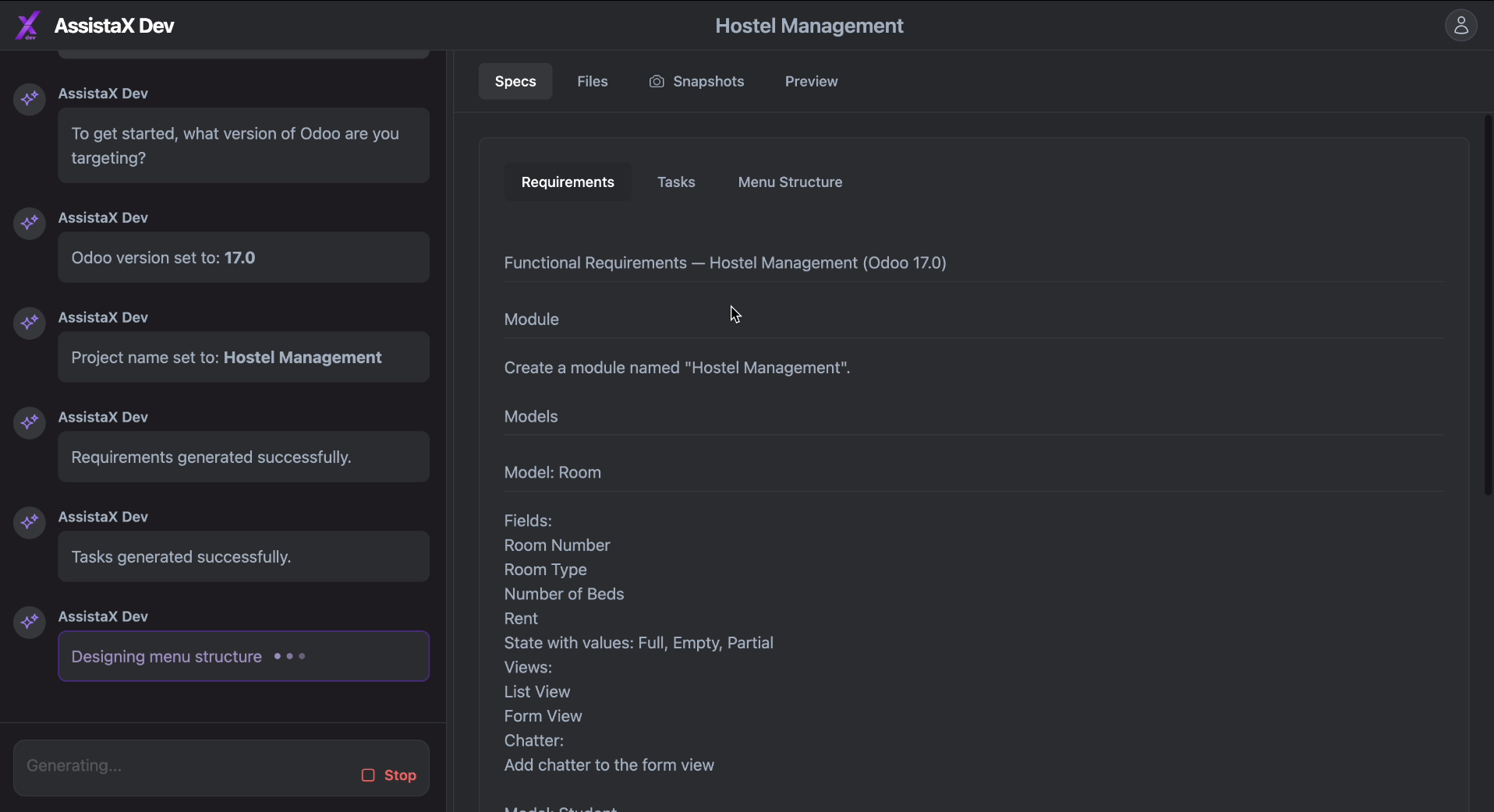 Assista X Chat user interface showing a natural-language query and analysis dashboard for Odoo business data