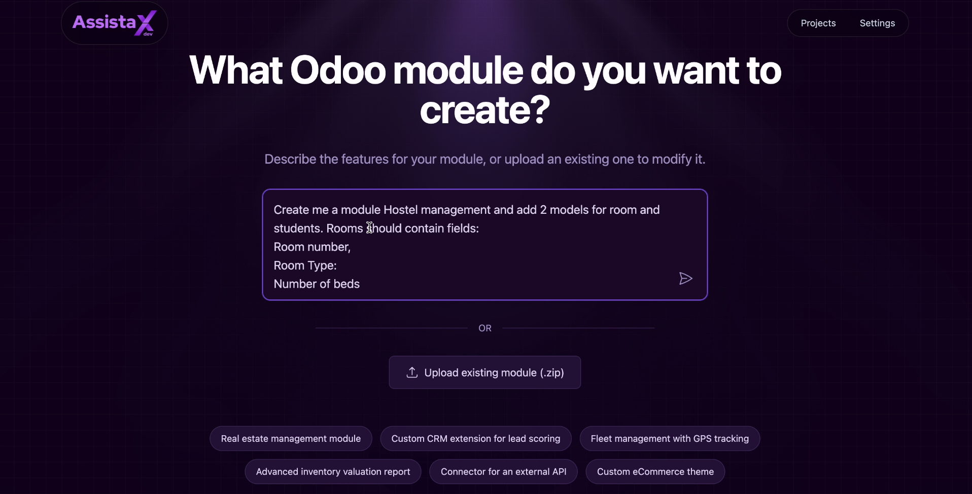 Assista X Chat user interface showing a natural-language query and analysis dashboard for Odoo business data